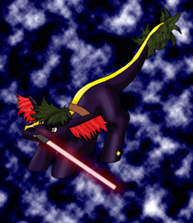 Size: 1871x2153 | Tagged: safe, artist:chili19, oc, oc only, species:earth pony, species:pony, abstract background, crossover, earth pony oc, leonine tail, lightsaber, male, mouth hold, solo, stallion, star wars, weapon