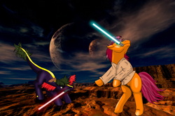 Size: 4500x3000 | Tagged: safe, artist:chili19, oc, oc only, oc:maurus, oc:orange sky, clothing, crossover, desert, duo, fight, leonine tail, lightsaber, mouth hold, planet, rearing, star wars, weapon