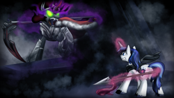 Size: 1920x1080 | Tagged: dead source, safe, artist:zedrin, character:king sombra, character:shining armor, species:umbrum, fight, magic, scythe, spear, weapon