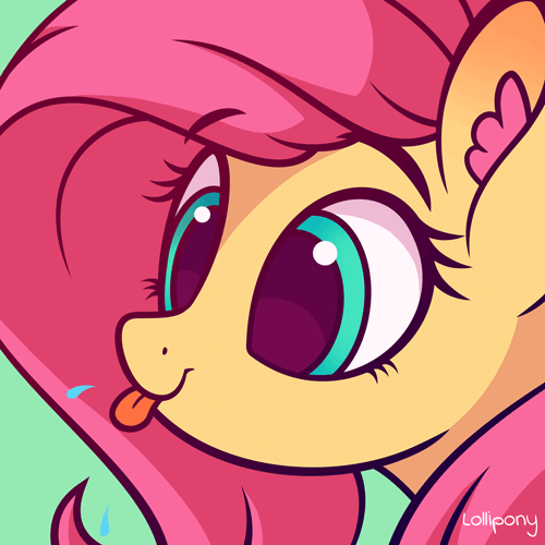 Size: 500x500 | Tagged: safe, artist:lollipony, part of a set, character:fluttershy, species:pegasus, species:pony, animated, blep, bust, cute, ear fluff, female, green background, mare, pbbtt, portrait, raspberry, shyabetes, silly, silly pony, simple background, solo, spit, tongue out