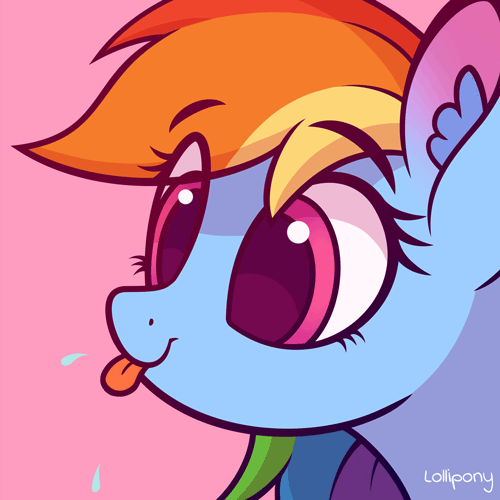 Size: 500x500 | Tagged: safe, artist:lollipony, part of a set, character:rainbow dash, species:pegasus, species:pony, animated, blep, bust, cute, dashabetes, ear fluff, eye clipping through hair, female, mare, pbbtt, pink background, portrait, raspberry, silly, silly pony, simple background, solo, spit, tongue out