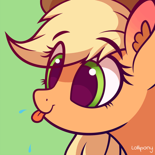 Size: 500x500 | Tagged: safe, artist:lollipony, part of a set, character:applejack, species:earth pony, species:pony, :p, animated, blep, bust, cute, ear fluff, eye clipping through hair, female, green background, jackabetes, mare, pbbtt, portrait, raspberry, silly, silly pony, simple background, solo, spit, tongue out, who's a silly pony