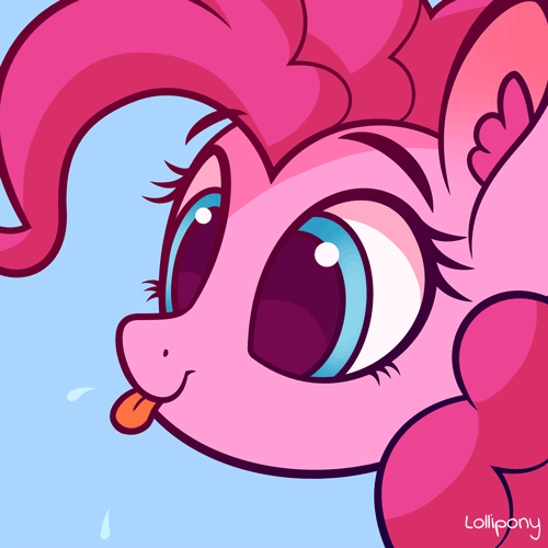 Size: 500x500 | Tagged: safe, artist:lollipony, part of a set, character:pinkie pie, species:earth pony, species:pony, :p, animated, blep, blue background, bust, cute, diapinkes, ear fluff, female, mare, pbbtt, portrait, raspberry, silly, silly pony, simple background, solo, spit, tongue out