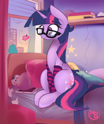 Size: 2630x3137 | Tagged: safe, artist:nevobaster, character:twilight sparkle, character:twilight sparkle (unicorn), species:pony, species:unicorn, bed, book, butterfly, city, clothing, cute, earbuds, female, glasses, high res, mare, messy mane, pillow, plushie, sitting, sitting on bed, socks, solo, striped socks, tablet, twiabetes, waking up, window