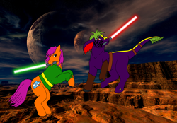 Size: 2536x1766 | Tagged: safe, artist:chili19, oc, oc only, oc:maurus, oc:orange sky, clothing, crossover, desert, duo, fight, leonine tail, lightsaber, mouth hold, planet, rearing, star wars, weapon