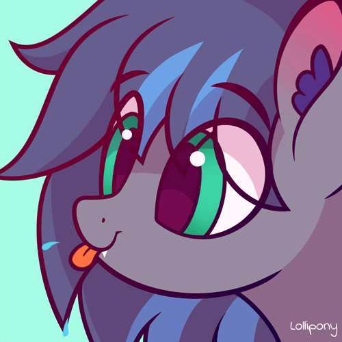Size: 500x500 | Tagged: safe, artist:lollipony, part of a set, oc, oc only, oc:midnight aegis, species:bat pony, species:pony, :p, animated, blep, bust, cute, ear fluff, eye shimmer, gif, male, ocbetes, pbbtt, portrait, raspberry, silly, silly pony, simple background, solo, spit, spittle, stallion, tongue out, ych result
