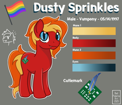 Size: 1842x1597 | Tagged: safe, artist:redpalette, oc, oc only, oc:dusty sprinkles, species:pony, cutie mark, fangs, flag, gay pride flag, gray background, looking at you, male, pride, pride flag, reference sheet, simple background, smiling, solo, stallion, vampire, vampony