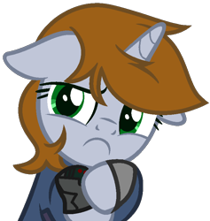 Size: 702x739 | Tagged: safe, artist:rerorir, base used, oc, oc only, oc:littlepip, species:pony, species:unicorn, fallout equestria, clothing, fanfic, fanfic art, female, floppy ears, frown, hooves, horn, mare, pipbuck, simple background, solo, transparent background, vault suit