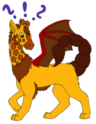 Size: 5107x6565 | Tagged: safe, artist:chili19, oc, oc only, absurd resolution, confused, exclamation point, giraffe, hybrid, interrobang, manticore, question mark, simple background, solo, white background