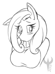 Size: 300x398 | Tagged: safe, artist:ethanqix, character:fluttershy, species:anthro, big breasts, blushing, breasts, bust, busty fluttershy, clothing, female, lineart, monochrome, portrait, solo, sweater, sweatershy