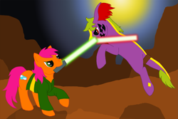 Size: 1631x1087 | Tagged: safe, artist:chili19, oc, oc only, oc:maurus, oc:orange sky, clothing, crossover, desert, duo, fight, jumping, leonine tail, lightsaber, mouth hold, planet, star wars, weapon