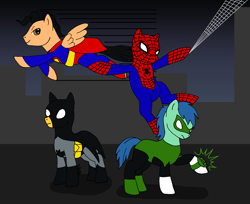 Size: 1703x1391 | Tagged: safe, artist:chili19, species:earth pony, species:pegasus, species:pony, batman, cape, clothing, costume, crossover, flying, green lantern, male, mask, ponified, spider-man, stallion, superman, swinging