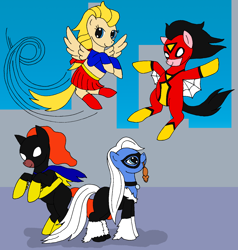 Size: 1632x1714 | Tagged: safe, artist:chili19, species:earth pony, species:pegasus, species:pony, batgirl, black cat, cape, clothing, costume, crossover, female, flying, looking up, mare, mask, ponified, rearing, spider-woman, supergirl
