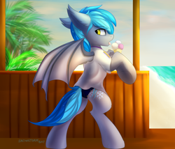 Size: 3500x3000 | Tagged: safe, alternate version, artist:snowstormbat, oc, oc:midnight snowstorm, species:bat pony, species:pony, bat pony oc, beach, bipedal, clothing, ear tufts, fangs, food, gay pride flag, ice cream, lgbt, looking back, male, ocean, palm tree, pride, pride flag, sand, shirt, solo, speedo, stallion, standing, swimsuit, tongue out, tree, watermark