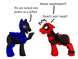 Size: 1498x1149 | Tagged: safe, artist:chili19, species:pony, armor, blue beetle, clothing, costume, crossover, deadpool, dialogue, duo, ponified, raised hoof, simple background, white background