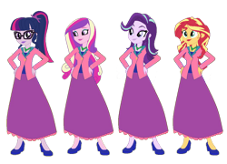 Size: 1024x737 | Tagged: safe, artist:cartoonmasterv3, character:dean cadance, character:princess cadance, character:starlight glimmer, character:sunset shimmer, character:twilight sparkle, character:twilight sparkle (scitwi), species:eqg human, species:human, my little pony:equestria girls, clothing, long skirt, principal, principal cadance, principal shimmer, principal twilight, simple background, skirt, transparent background, vector