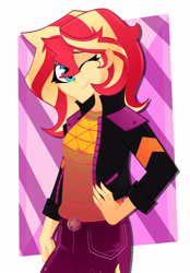Size: 2327x3350 | Tagged: safe, artist:xan-gelx, character:sunset shimmer, equestria girls:sunset's backstage pass, g4, my little pony: equestria girls, my little pony:equestria girls, spoiler:eqg series (season 2), clothing, commission, digital art, female, geode of empathy, magical geodes, music festival outfit, one eye closed, smiling, solo, wink