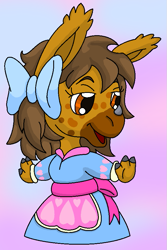 Size: 593x888 | Tagged: safe, artist:chili19, oc, oc only, oc:netyna, species:anthro, abstract background, bow, chibi, clothing, dress, frilly dress, hair bow