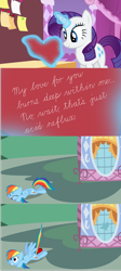 Size: 1636x3664 | Tagged: safe, artist:byteslice, character:rainbow dash, character:rarity, species:pegasus, species:pony, species:unicorn, episode:hearts and hooves day, g4, my little pony: friendship is magic, broken window, didn't see that comin', handwriting, heart, joke, laughing, shocked, shocked expression, window