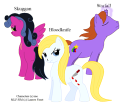 Size: 1003x852 | Tagged: safe, artist:chili19, oc, oc only, oc:bloodknife, oc:starfall, species:earth pony, species:pegasus, species:pony, species:unicorn, blood, broken horn, earth pony oc, eyes closed, female, frown, glowing horn, horn, knife, mare, pegasus oc, simple background, text, transparent background, unicorn oc, wings
