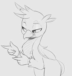 Size: 1172x1245 | Tagged: safe, artist:tre, character:gallus, species:griffon, cute, finger gun, finger guns, gallabetes, grayscale, lidded eyes, male, monochrome, pointing, sketch, smiling, smug, solo