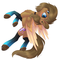 Size: 1513x1529 | Tagged: safe, artist:doekitty, oc, oc only, oc:danipie, species:pegasus, species:pony, blushing, chest fluff, clothing, colored wings, female, freckles, mare, multicolored wings, simple background, socks, solo, transparent background, underhoof, wings