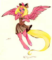 Size: 3140x3620 | Tagged: safe, artist:divinekitten, oc, oc only, species:anthro, species:pegasus, species:pony, species:unguligrade anthro, anthro oc, arm hooves, bow, clothing, dress, female, hair bow, mare, solo, traditional art