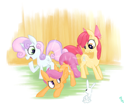Size: 2450x2000 | Tagged: safe, artist:meekcheep, character:apple bloom, character:scootaloo, character:sweetie belle, species:earth pony, species:pegasus, species:pony, species:rabbit, species:unicorn, cutie mark, cutie mark crusaders, cutiespark, female, filly, trio