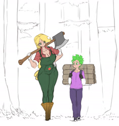 Size: 1668x1776 | Tagged: safe, artist:franschesco, character:applejack, character:spike, species:human, axe, big breasts, breasts, busty applejack, cleavage, clothing, gloves, huge breasts, humanized, super strength, tree, walking, weapon, wood