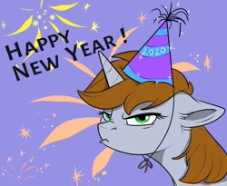 Size: 800x655 | Tagged: safe, artist:rutkotka, oc, oc only, oc:littlepip, species:pony, species:unicorn, fallout equestria, abstract background, bust, clothing, fanfic, fanfic art, female, fireworks, floppy ears, frown, grumpy, happy new year, hat, holiday, horn, mare, party hat, portrait, solo