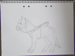 Size: 1210x914 | Tagged: safe, artist:chili19, oc, oc only, oc:mirre, species:pony, bridle, female, irl, lineart, mare, notepad, photo, solo, tack, traditional art