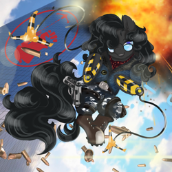 Size: 2000x2000 | Tagged: safe, artist:mdwines, oc, oc:shadow step, species:earth pony, species:pony, boots, bullet, explosion, female, glasses, grappling hook, gun, handgun, just cause 3, mare, shoes, solo, weapon