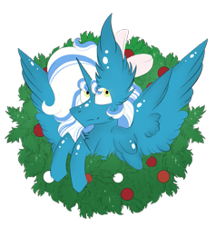 Size: 791x830 | Tagged: safe, artist:hunterthewastelander, oc, oc only, oc:fleurbelle, species:alicorn, species:pony, alicorn oc, bow, bust, christmas, christmas wreath, ear fluff, female, hair bow, holiday, mare, simple background, smiling, solo, spread wings, transparent background, wings, wreath, ych result