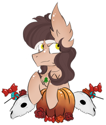 Size: 788x930 | Tagged: safe, artist:hunterthewastelander, oc, oc only, species:earth pony, species:pony, bust, candy, ear fluff, earth pony oc, food, jewelry, necklace, pumpkin, simple background, skull, solo, transparent background, ych result