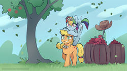 Size: 3840x2162 | Tagged: safe, artist:icychamber, character:applejack, character:rainbow dash, species:pony, apple, applejack's hat, barrel, clothing, cowboy hat, duo, food, grin, hat, leaves, ponies riding ponies, riding, smiling, stick, tree, wild