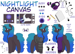 Size: 1024x738 | Tagged: safe, artist:midnightamber, oc, oc:nightlight canvas, species:pony, species:unicorn, clothing, earbuds, glasses, gradient hair, headphones, hoodie, pencil, reference sheet, simple background, sketch book, solo, spots, striped hoodie, transparent background