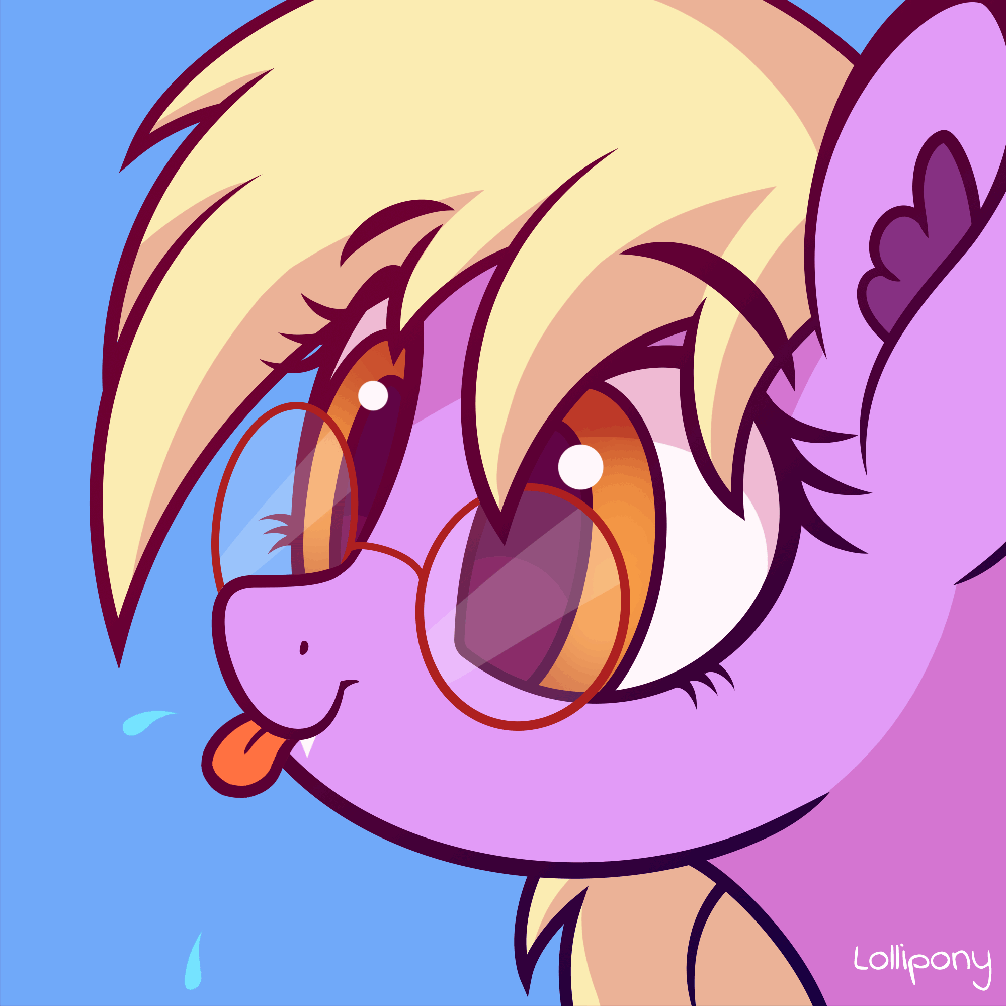 Size: 2000x2000 | Tagged: safe, artist:lollipony, part of a set, oc, oc only, oc:pinkfull night, species:bat pony, species:pony, :p, animated, bat pony oc, blep, bust, commission, cute, ear fluff, eye shimmer, fangs, female, glasses, ocbetes, pbbtt, raspberry, silly, silly pony, simple background, solo, spit, spittle, teenager, tongue out, ych result