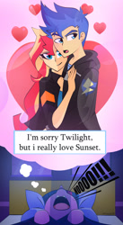 Size: 2216x4037 | Tagged: safe, artist:xan-gelx, character:flash sentry, character:sunset shimmer, character:twilight sparkle, ship:flashimmer, ship:flashlight, my little pony:equestria girls, bad dream, big no, dream, female, husbando thief, male, open mouth, screaming, shipping, straight