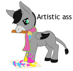 Size: 647x622 | Tagged: safe, artist:chili19, oc, oc only, oc:chili, species:donkey, clothing, female, hybrid, mouth drawing, mouth hold, painting, pun, scarf, simple background, solo, text, transparent background, wings