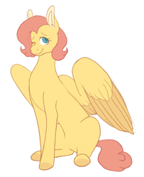 Size: 1342x1649 | Tagged: safe, artist:sandwichbuns, character:fluttershy, species:pegasus, species:pony, alternate hairstyle, female, mare, one eye closed, short hair, simple background, sitting, solo, white background, wink