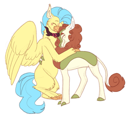 Size: 1799x1661 | Tagged: safe, artist:sandwichbuns, character:autumn blaze, character:princess skystar, species:classical hippogriff, species:hippogriff, species:kirin, ship:autumnstar, my little pony: the movie (2017), female, hug, interspecies, lesbian, shipping, simple background, white background