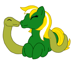 Size: 753x648 | Tagged: safe, artist:chili19, oc, oc only, species:earth pony, species:pony, duo, earth pony oc, eyes closed, female, mare, prone, simple background, smiling, snake, white background