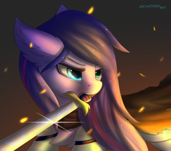 Size: 3372x2975 | Tagged: safe, artist:snowstormbat, oc, oc:blitz moon, species:pony, armor, female, glowing eyes, gradient background, long hair, mare, mouth hold, solo, sword, weapon
