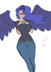 Size: 1240x1754 | Tagged: safe, artist:franschesco, character:princess luna, species:human, big breasts, blushing, breasts, busty princess luna, cellphone, horn, horned humanization, humanized, phone, simple background, smartphone, watching, white background, winged humanization, wings