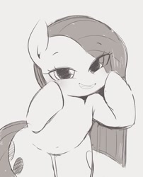 Size: 940x1161 | Tagged: safe, artist:manachaaaaaaaa, character:pinkamena diane pie, character:pinkie pie, species:earth pony, species:pony, bipedal, cute, cuteamena, diapinkes, eye clipping through hair, female, grayscale, hoof on cheek, looking at you, mare, monochrome, pixiv, simple background, smiling, smug, solo, white background