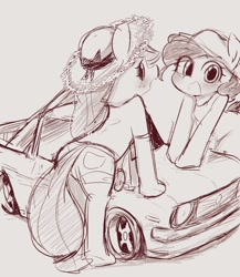 Size: 1023x1176 | Tagged: safe, artist:manachaaaaaaaa, character:applejack, character:pinkie pie, car, clothing, cute, diapinkes, duo, female, hat, jackabetes, looking at you, looking back, looking back at you, monochrome, open mouth, pixiv, semi-anthro, shorts, simple background, white background