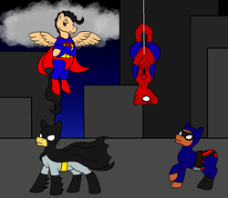 Size: 1244x1084 | Tagged: safe, artist:chili19, species:earth pony, species:pegasus, species:pony, batman, building, cape, clothing, cloud, crossover, dc comics, flying, hanging, looking up, male, marvel comics, mask, ponified, spider-man, spread wings, stallion, superman, the phantom, wings