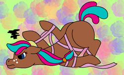 Size: 819x496 | Tagged: safe, artist:chili19, oc, oc only, oc:blossom, species:earth pony, species:pony, abstract background, earth pony oc, freckles, solo, tangled up