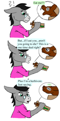 Size: 500x1011 | Tagged: safe, artist:chili19, oc, oc only, oc:chili, species:anthro, species:bat, species:donkey, clothing, comic, donkey oc, exclamation point, female, food, glasses, interrobang, question mark, sandwich, simple background, surprised, white background