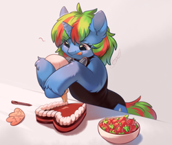 Size: 1186x999 | Tagged: safe, artist:peachmayflower, oc, oc only, oc:wander bliss, species:pony, species:unicorn, bipedal, cake, clothing, ear fluff, female, food, hoof hold, mare, solo, strawberry, tongue out, unshorn fetlocks, ych result